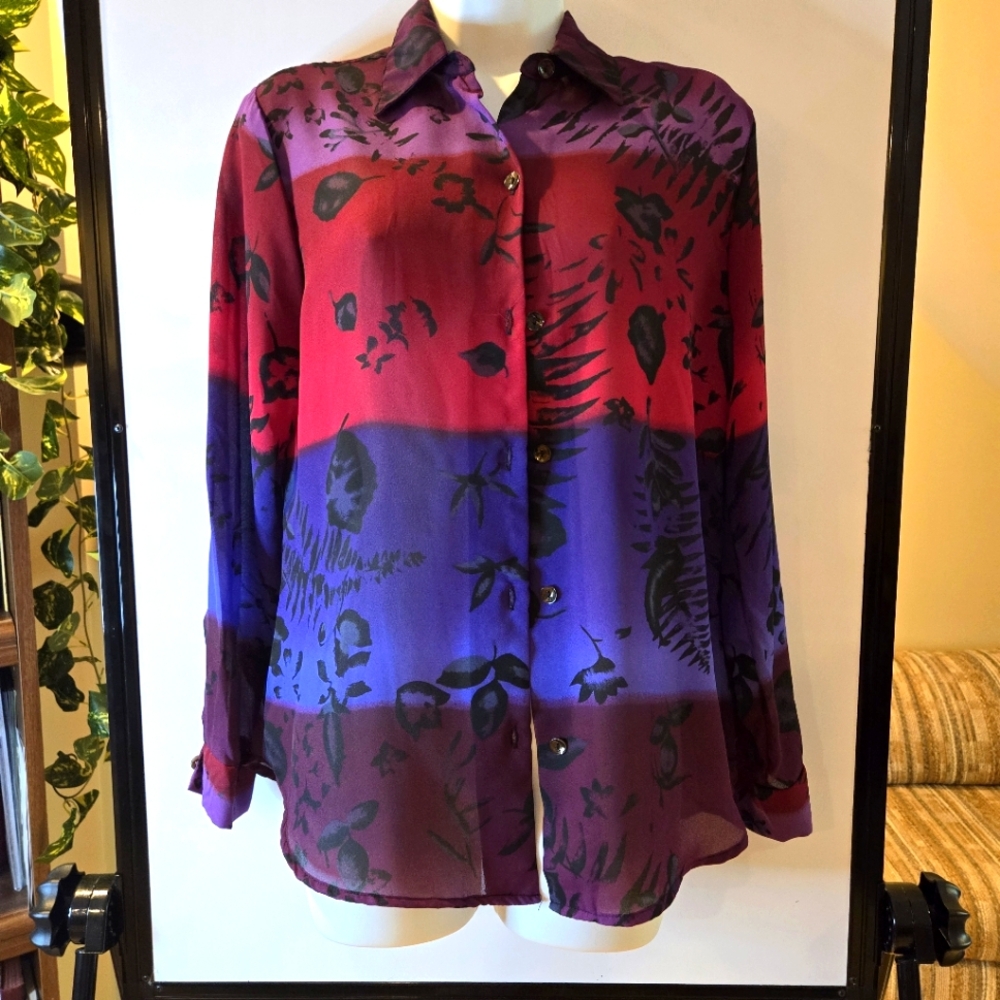 Cabrais Collection, Red, Purple, Eggplant Print Blouse, Size 8